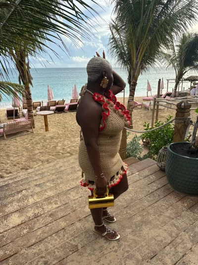 Tan & Red Ruffle Dress